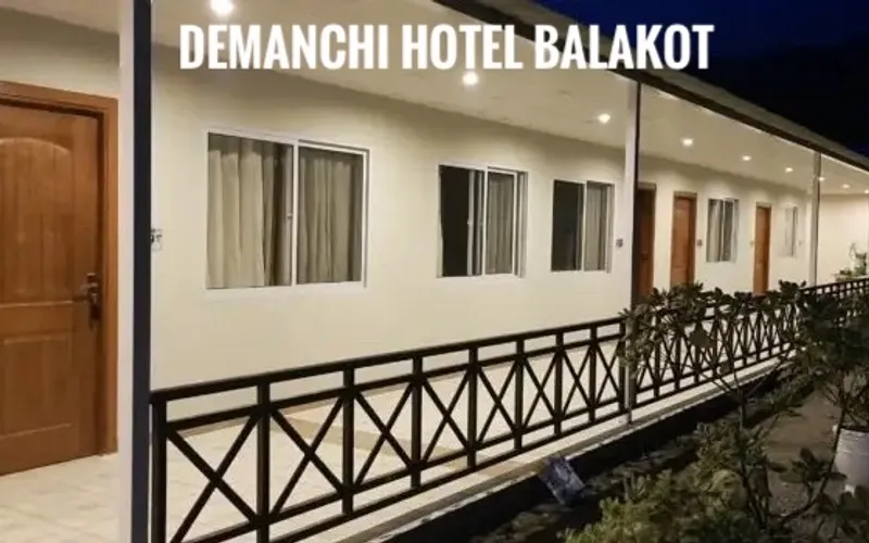 Demanchi Hotel Balakot exterior corridor at night