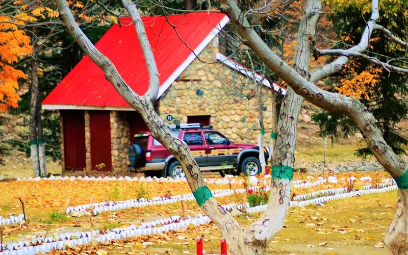 Autumn in Naran Kaghan — stone cabin, red roof and fall leaves, October season